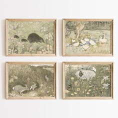 four framed paintings depicting animals in the grass