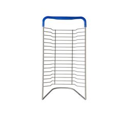 a metal rack with blue handles on the top and bottom, against a white background