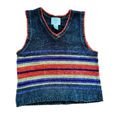 * V-neck chenille sweater vest * Green, orange & purple stripes * Great for layering, or wearing alone as a crop top * High-low hem (front is slightly shorter than back of vest) * One Step Up, size L * 100% acrylic Fit estimate: Large (Womens) 18" bust 17.5" waist 20" front length 21" back length All measurements taken flat, please double where necessary. Casual Striped Vest For Winter, Y2k Style Vest Tops For Fall, Y2k Style Fall Vest Top, Casual Striped V-neck Sweater Vest, Casual Multicolor V-neck Sweater Vest, Striped V-neck Vest Top, Casual Multicolor V-neck Vest, Chenille Sweater, Sweater Vest Women