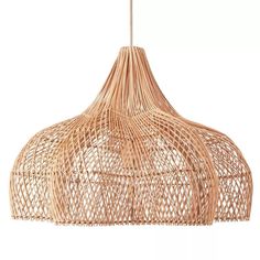 a light that is made out of wicker and hanging from a ceiling lamp fixture