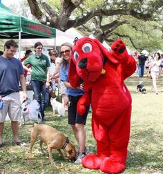 people are standing around in the grass with dogs and large stuffed animals on their laps