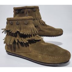 Minnetonka Moccasins Women's Loden Boho Double Fringe Suede Ankle Boots Size 7.5 New Without Tags Or Box. See Pictures. Minnetonka Moccasin Limited Edition Loden Boot Soft Suede Leather Upper Antique Brass Metal Concho Accents (Medallions) Side Zipper Closure Cushioned Footbed A15 Casual Leather Fringe Boots, Bohemian Leather Moccasins For Fall, Fall Bohemian Leather Moccasins, Casual Suede Moccasins With Fringe, Casual Suede Fringe Boots, Western Suede Moccasins For Fall, Western Style Closed Toe Moccasins For Fall, Western Style Suede Moccasins For Fall, Bohemian Suede Boots With Round Toe