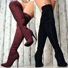 Women's Boots Sock Boots Plus Size Heel Boots Party Daily Solid Color Over The Knee Boots Thigh High Boots Winter Stiletto Heel Fashion Sexy Classic Faux Suede Lace-up Dark Grey Black Red 2024 - $48.99 Purple Over The Knee Boots, Knee High Boots Women, Trapeze Boots, How To Wear Thigh High Boots, Tight Boots, Womens Heels Stilettos, Red Stiletto Heels, Thigh High Stiletto Boots, Minimalism Fashion