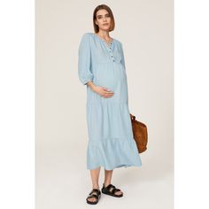 Blue chambray (100% Lenzing). Shift. V-neck. Three-quarter sleeves. Front button closure. 47" from shoulder to hemline. Imported. Blue Nursing Friendly Maternity Dress With Short Sleeves, Light Blue Summer Maternity Dress, Casual Blue Maternity Dress, Blue V-neck Maternity Dress, Blue Short Sleeve Nursing-friendly Maternity Dress, Olive Dress, Rent The Runway, Closet Designs, Quarter Sleeve