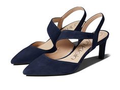 Calvin Klein Larin - Women's Shoes : Navy Suede : The Calvin Klein Larin adds a touch of elegance to your everyday style with a strap that curves across the instep and continues to the heel. Slip on style. Sling back pump in a pointed toe silhouette. Low profile heel. Leather upper. Man made lining and outsole. Imported. Measurements: Heel Height: 3 in Weight: 8.25 oz Product measurements were taken using size 9, width M. Please note that measurements may vary by size. Summer Mother Of The Bride Dresses, 2024 Wardrobe, Navy Pumps, Wedding Renewal, Calvin Klien, Navy Blue Shoes, Calvin Klein Woman, Sling Back, Bride Dresses