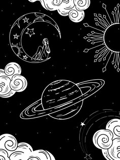 black and white drawing of the solar system with clouds, stars and planets in the sky