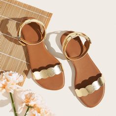 Gold Fashionable    Plain  Embellished   Women Shoes Ankle Strap Sandals Flat, Latest Sandal, Comfy Sandals, Spring Sandals, Ankle Strap Flats, Gold Flats, Girly Shoes, Womens Sandals Flat, Artificial Leather