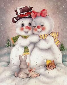 two snowmen are hugging each other in the snow