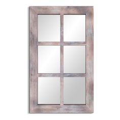 a wooden window frame with four mirrors on the outside and one in the middle, against a white background