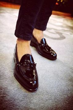 Handmade Men's Genuine Black Patent Leather Tassel Loafers Slip On Dress Shoes on Storenvy Black Patent Leather Loafers, Tassel Shoes, Gentleman Shoes, Leather Formal Shoes, Slip On Dress Shoes, Custom Design Shoes, Leather Loafer Shoes, Patent Leather Loafers, Moccasins Shoes