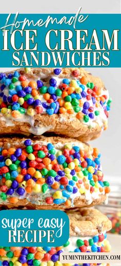 three homemade ice cream sandwiches with sprinkles on top and the title overlay reads, homemade ice cream sandwiches super easy recipe