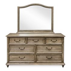 a dresser with a mirror on top and drawers below it, in front of a white background