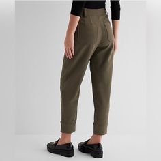 New With Tags Express High Waisted Exposed Button Front Ankle Pant Color: Olive Green Size: 6 Long Features & Fabric High Waisted; Exposed Button Fly; Belt Loops Slant Hand Pockets; Back Patch Pockets Ankle Length Inseams: Long 28" Long: Over 5'7" Rayon/Polyester Imported Utility Pants With Button Closure For Workwear, Workwear Pants With Button Cuffs, Versatile Workwear Bottoms With Buttons, Utility Bottoms With Button Closure For Workwear, Versatile Buttoned Bottoms For Workwear, Utility Workwear Bottoms With Button Closure, Casual Office Pants With Button Cuffs, Casual Work Bottoms With Button Cuffs, Utility Workwear Bottoms