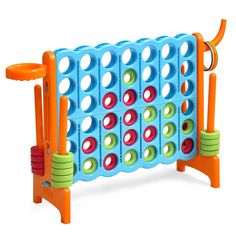 an orange and blue toy rack with several different colored circles on it's sides