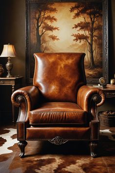 a brown leather chair sitting in front of a painting