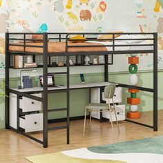 a loft bed with desk underneath it in a child's bedroom or playroom