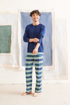 Welcome to the loungewear of your dreams. Lounge in comfort all day in this incredibly soft and breathable pajama set. This set includes straight leg pajama pants with a drawstring waistband and a matching long sleeve shirt. Made from our signature ultra-soft and moisture-wicking fabric blend. Made in Canada. 93% Viscose from Bamboo / 7% Spandex. Fits true to size. Available in S, M, L, XL. S (28-30/32), M (32-34/36), L (36-38/40), XL (40-42). Machine washable and dryer friendly. Blue Relaxed Fit Sleepwear For Loungewear, Blue Long Pants Sleepwear For Loungewear, Blue Sleepwear Long Pants For Loungewear, Relaxed Fit Long Pants Set For Relaxation, Relaxed Fit Sets With Long Pants For Relaxation, Relaxed Fit Sleep Set With Long Pants, Casual Long Pants Sleepwear For Lounging, Relaxed Fit Loungewear Sets, Relaxed Fit Bedtime Sets With Long Pants