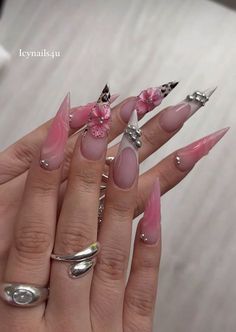 Sahlt Alycia Nails, Almond Nails Freestyle, Almond French Design Nails, Pink And White Freestyle Nails, Grunge Nails Acrylic 90s Almond, Stilleto Nails With Charms, Nail Inspiration Vacation, Very Detailed Nails, Pink And Red Stiletto Nails