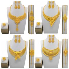 Include: Necklace, Bracelet,Earrings, Right (Ring is adjustable) Material : ZInc Alloy with Gold-Plated Enhance your style with the captivating beauty of this African Gold Necklace Jewelry Set. The set features a stunning combination of African-inspired design and the elegance of 24K gold. Handcrafted with care, each piece showcases the artistry and craftsmanship of African gold jewelry. The necklace jewelry set includes a statement Africa necklace that adds a touch of cultural richness and symbolism. The 24K gold accents elevate the set, exuding luxury and sophistication. Whether you're attending a wedding or a special event, this fashionable set will make you stand out with its timeless appeal. The handcrafted details ensure exceptional quality and style. Embrace the allure of African fa Gold Alloy Jewelry, Plated Alloy Jewelry Sets For Gifts, Gold-plated Alloy Jewelry Sets, Gold Plated Alloy Jewelry Sets, Elegant Yellow Metal Jewelry, Gold Metal Costume Jewelry Sets, Gold Alloy Jewelry Gift, Gold Alloy Jewelry For Gifts, Gold Alloy Costume Jewelry