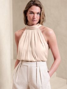 New Women's Clothes | Banana Republic Factory Chic Sleeveless Halter Top For Spring, Versatile Formal Summer Blouse, Versatile Formal Summer Tops, Chic High Neck Tank Top, Elegant Summer Halter Top, Chic Sleeveless Tank Top For Formal Occasions, Chic Beige Sleeveless Halter Top, Elegant Sleeveless Summer Blouse, Elegant High Neck Tank Top For Party