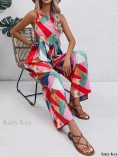 Katykey - Chic Graphic Wide Leg Jumpsuit: Refreshing Vacation Style Sleeveless Jumpsuit for Spring & Summer Season, Womens Fashion Fall Care, Vacation Style, Sleeveless Jumpsuits, Wide Leg Jumpsuit, Summer Season, Autumn Summer, Geometric Pattern, Wide Leg, Jumpsuit