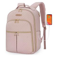 Soft Pink Quilted Laptop Backpack | Back to school supplies for girls Guess Backpack, Lightweight Travel Backpack, Laptop Backpack Women, Backpacks For Women, Travel Laptop Backpack, Notebook Bag, Faux Leather Backpack, Luggage Strap, Computer Backpack