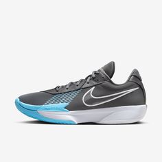 the nike zoom basketball shoe is shown in grey and light blue, with a white sole