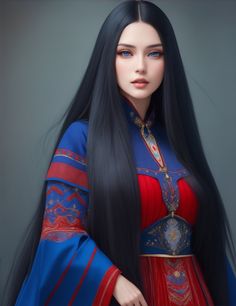 a woman with long black hair wearing a red and blue dress