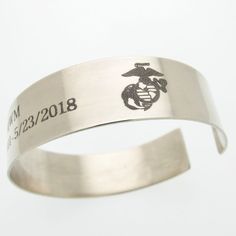 "American Flag Bracelet, US army bracelet, Military Bracelets Honor the Fallen Bracelet Gifts for marines Personalized Mens Cuff for Husband Great gift idea for marines, US Army bracelet. Fine jewelry gift for your brave hero! This is a fine sample of US Army jewelry. This could become an Army/ Air Force / Navy Seal / Veteran bracelet. The band is handcrafted of Solid Sterling Silver 925 and comes in oxidized or not oxidized finish, as you choose. The wide minimalist style cuff has enough space American Flag Bracelet, Military Bracelet, Marine Gifts, Flag Bracelet, Medic Alert Bracelets, Mens Cuff, Memorial Bracelet, Medical Bracelet, Navy Seal