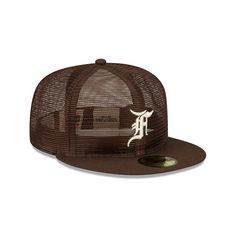 The Fear of God Essential Full Mesh Brown 59FIFTY Fitted Cap features an allover mesh crown with an embroidered Fear of God logo at the front panels, an MLB Batterman logo at the rear, and a green undervisor. Mesh Snapback Visor Hat For Baseball Season, Mesh Visor Snapback Hat For Baseball Season, Sports Mesh Baseball Cap With Flat Brim, Mesh Snapback Cap For Baseball Season, Mesh Snapback Hat With Flat Bill, Breathable Mesh Baseball Cap With Flat Brim, Mesh Flat Brim Baseball Cap For Sports, Brown Snapback Hat For Baseball Season Streetwear, Baseball Season Hat With Mesh Back