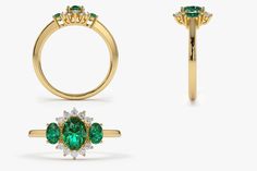 "Emerald Ring / 14k Three Stone Emerald Cluster Ring / Classic Emerald Engagement Ring 14k Gold / May Birthstone / Promise Ring Black Friday Ferkos Fine Jewelry Features *Made to Order *Gold Kt: 14K (also available in 18K) *Available Gold Color: Rose Gold, Yellow Gold, White Gold *Oval Shape Emerald: 1 pc 6 x 4MM *Oval Shape Emerald: 2 pc 4x3MM *Round Diamonds: 10 pcs 1.55 MM *Sapphire CTW: 0.90 ctw *Diamond CTW: 0.16 ctw *Ready to Ship in 7-10 Business Days If you have any additional questions Yellow Gold Emerald Diamond Ring With Halo Design, Yellow Gold Emerald Cluster Ring With Center Stone, Fine Jewelry Yellow Gold Emerald Ring With Halo Design, Yellow Gold Emerald Ring With Halo Design, Heirloom Yellow Gold Emerald Ring With Halo Design, 14k Gold Emerald Ring With Halo Design, Formal 14k Gold Emerald Ring With Halo, Classic Yellow Gold Emerald Ring With Halo, Heirloom Gold Emerald Ring With Halo Detail