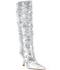 From Michael Kors&#x2C; the Luna Sequin Embellished Tall Boots feature: Sequins upper with faux metallic nappa leather trimSide zip closureSynthetic liningPadded insoleRubber outsoleApprox. 14.5" shaft heightApprox. 15" shaft circumferenceApprox. 3.5" galvanized heel height Imported. Dillard's, Tall Boots, Nappa Leather, Boot Shoes Women, Leather Trims, Bootie Boots, Sequin, Heel Height, Shoe Boots