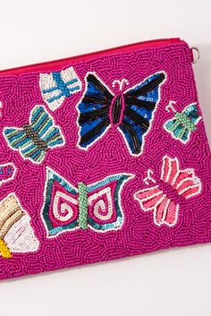 This beaded clutch bag is perfect for any season, but most definitely the summertime! Show off your beautiful face and outfit with these beaded statement clutch bags, similar to the butterflies on your bag! Ideal for most occasions such as going to the beach, going on dates, partying, shopping, hiking, camping, or even just as a daily bag. They are also perfect as a gift for your family and friends! Size Length: 9.25 in (23.5 cm)Width: 6.75 in (17.15 cm)Strap: 50 in (127 cm) QualityThese beaded Embellished Travel Bags For Summer, Summer Beaded Clutch As Gift, Summer Embellished Rectangular Clutch, Summer Embellished Clutch Bag, Pink Summer Travel Clutch, Beaded Crossbody Clutch, Summer Beaded Clutch Shoulder Bag, Summer Beach Beaded Clutch, Summer Beaded Clutch Bag