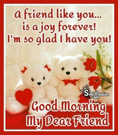 two white teddy bears sitting next to each other on a red background with the words good morning my dear friend