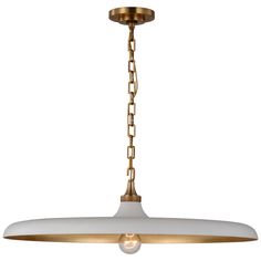 a white and gold light fixture with chain hanging from the ceiling, on an isolated white background