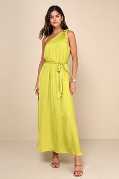 Goddess Aura Chartreuse Satin One-Shoulder Maxi Dress Summer Wedding Guest Dresses, Chartreuse Dress, Ethereal Dress, Summer Wedding Guest, Summer Wedding Outfits, Lulu Fashion, Wedding Guest Dresses, Summer Wedding Dress, Maxi Dress Green