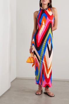 Exuding PUCCI’s colorful spirit, this dress is detailed with a swirling 'Moiré' print – a modern interpretation of a '70s scarf. Cut from stretch-mesh for a curve-hugging fit, it has structured ruffles that frame the neck. Look closely and you'll notice the zip is tipped with a silver fish charm. Mixing Prints Fashion, Boho Travel, Sarah Shahi, Luxury Women Fashion, Red Midi Dress, Emilio Pucci, Missoni, Net A Porter, Dress Fabric