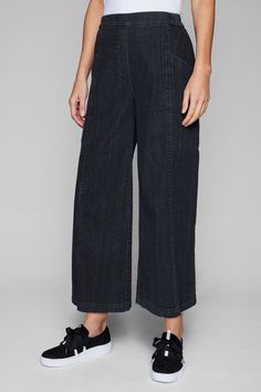 Woven Pant - Cut from premium denim, this wide-leg pant is a refined alternative to jeansand its thoughtfully placed pockets are ultra-flattering. Versatile Dark Wash Flare Jeans With Pockets, Versatile Wide-leg Work Jeans, Dark Wash Wide Leg Bottoms With Welt Pockets, Wide Leg Dark Wash Bottoms With Welt Pockets, Dark Wash Wide Leg Pants For Work, Modern Wide Leg Work Jeans, Modern Wide Leg Jeans For Work, Elegant High Rise Dark Wash Bottoms, Versatile Dark Wash Cropped Leg Bottoms