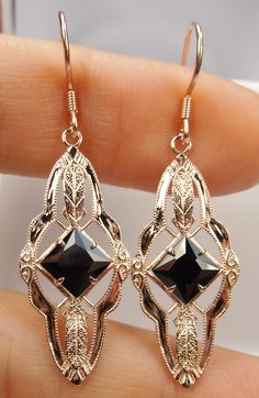 Natural Onyx Earrings/ Rose Gold plated Sterling Silver/ Black Onyx gems, Victorian Star Filigree [Custom Made] Design#E6 Leaf Filigree, Earrings Rose Gold, Filigree Earrings, Onyx Earrings, Cz Earrings, Fantasy Jewelry, Lovely Earrings, Rose Earrings, Dream Jewelry