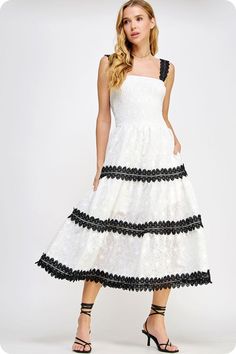 Lace trimmed long dress in embroidered eyelet lace fabric. This style features a smocked fitted bodice, contrast color scallop lace trim at skirt/straps, side pockets and adjustable straps. -lined -lightweight Fabric Contents - 100% polyester -Hand wash, dry flat -Colors may vary from different viewing devices. Eyelet Lace Fabric, Heeled Mules Sandals, Plus Size Activewear, Team Apparel, Eyelet Lace, Scalloped Lace, Tee Dress, Clothes Collection, Fitted Bodice