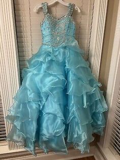 Little Rosie Kids Girls Size 10 Beaded Glitz Long Pageant Dress Turquoise Blue | eBay Glitz Pageant Dresses, Pagent Dresses, Xv Dresses, Pageant Dress, Dress Size Chart, Halter Formal Dress, Long Dress, Ball Gowns, Kids Fashion