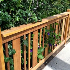 a wooden fence with plants growing on it's sides and in between the rails