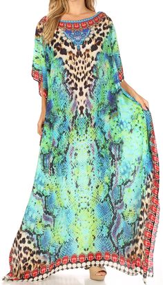 One Size: Bust 54"( 137 cm), Length 54"( 137 cm). US 4-24W, EU 34-54, UK 8-28. Shell: Colorful digital print on polyester material. Care: Wash cold delicate, iron from reverse. Dry Clean recommended. This lovely kaftan dress features a boat-neck and generous sleeve openings. Also, nicely placed rhinestones around the neckline. This garment is perfect for all body shapes, made with lightweight soft opaque crepe fabric and colorful print. This dress is perfect to wear at weddings, dinner, events a Multicolor Print Kaftan For Beach Cover-up, Printed Flowy Maxi-length Cover-up, Flowy Printed Maxi Length Cover-up, Summer V-neck Kaftan With Digital Print, Multicolor Boho Print Dress For Beach Cover-up, Beach Season Patterned Printed Maxi Dress, Multicolor Printed Kaftan For Beach, Patterned Maxi Dress For Beach Season, Multicolor Tunic Beach Dress For Vacation