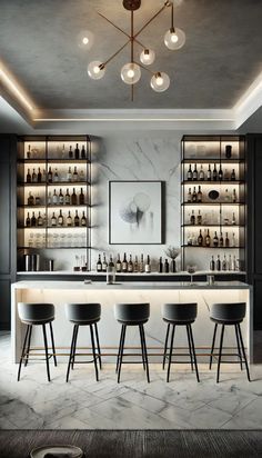 an elegant bar with marble counter tops and stools