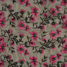 pink flowers and green leaves on grey fabric