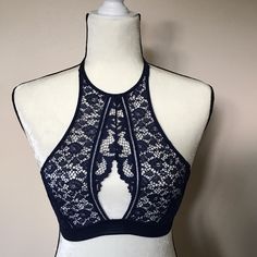 Brand New With Tags! Elegant Bra-friendly Halter Neck Intimate, Victoria's Secret Stretch Bra For Night Out, Victoria's Secret Lace Bra For Night Out, Fitted T-back Bra For Party, Party Bra With Lace Trim And Stretch, Fitted Halter Neck Bra For Parties, Navy Lace, Lace Bralette, Honey Bee