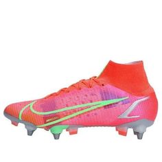 a soccer shoe with neon green and pink accents