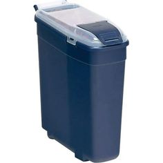 a blue plastic trash can on a white background