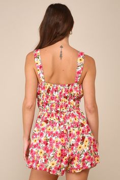 Add a little extra sweetness to every day with the Lulus Lively Charm White Multi Floral Print Sleeveless Romper! Lightweight woven rayon fabric, with a cute, multicolored floral print, shapes wide tank straps that support a lightly gathered bodice with an elasticized scoop neckline and a decorative tie. Waist features double elastic bands for maximum comfort, with matching tie details. Attached breezy shorts complete the look. Fit: This garment fits true to size. Length: Above mid-thigh. Size m Spring Sleeveless Tank Top With Smocked Back, Summer Sleeveless Top With Smocked Back, Summer Tank Top With Smocked Back, Sleeveless Summer Top With Smocked Back, Fitted Floral Print Tank Top For Vacation, Summer Camisole Tank Top With Smocked Back, V-neck Floral Print Tank Top For Beach, Cute Summer Sleeveless Tank Top, Multicolor Sleeveless Tank Top With Adjustable Straps