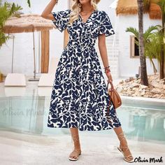 Olivia Mark - Floral Print Casual Collared Short-Sleeve Dress with Waist Tie Dress Floral Prints, Short Sleeve Midi Dress, Mini Robes, Short Sleeve Pattern, Weave Style, Vintage Floral Print, Midi Short Sleeve Dress, Spring Dresses, V Neck Dress